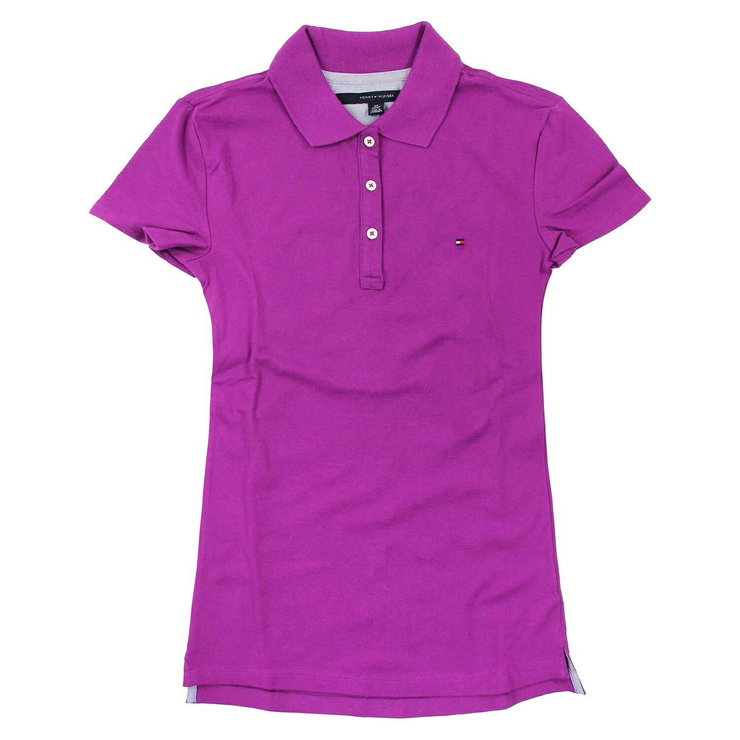 美國百分百【Tommy Hilfiger】POLO衫 TH 女衣 網眼 短袖 紫紅色 腰身 顯瘦 純棉 XS號 B102