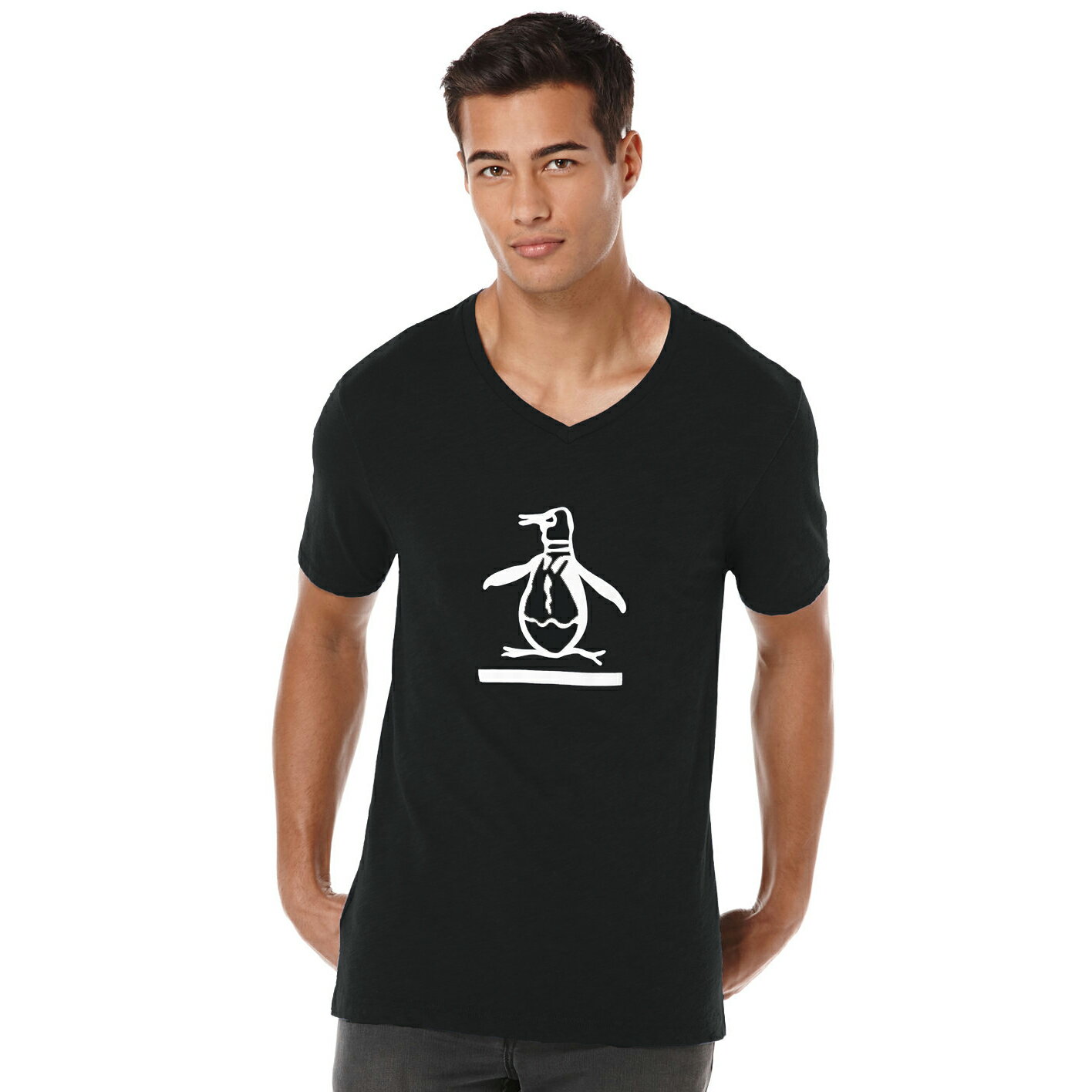 美國百分百【Penguin by Munsingwear】企鵝 男 T-shirt 黑色 V領 T恤 短袖 L E952