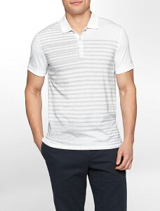 美國百分百【Calvin Klein】Polo衫 CK 短袖 上衣 條紋 棉 logo 男 白色 灰 S L號 F132