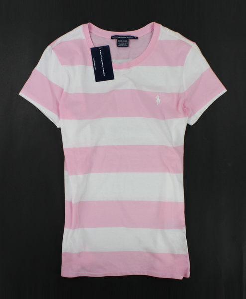 美國百分百【全新真品】Ralph Lauren 女生 短袖 T-shirt T恤 上衣 粉紅白 條紋 L號 貨付 RL POLO