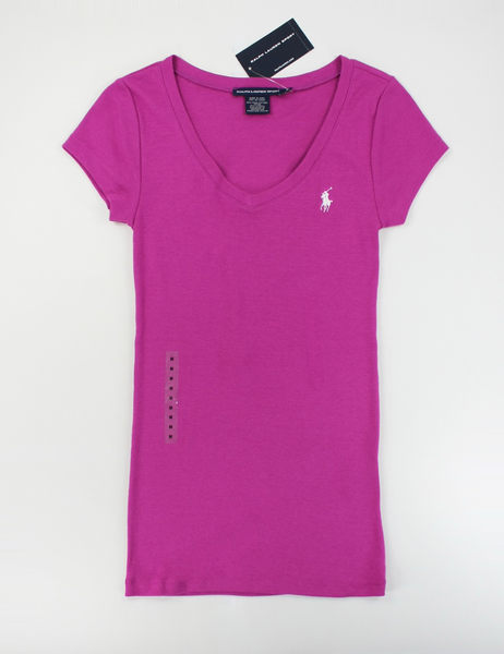 美國百分百【全新真品】Ralph Lauren Sport 女款 長版 T恤 V領 萊卡 彈性 小馬T 短T 紫色 M號 RL