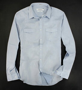 美國百分百【全新真品】Calvin Klein CK 高質感 棉質 長袖 襯衫 雙口袋 細條紋 天空藍 窄版M號