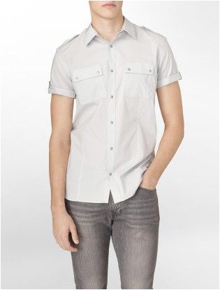美國百分百【全新真品】Calvin Klein CK 春夏 工作風 薄款 短袖 襯衫 雙口袋 男上衣 灰色 S M號