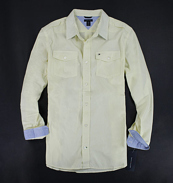 美國百分百【全新真品】Tommy Hilfiger 雙口袋 條紋搭色 男 長袖 襯衫 上衣 淡黃色 XS號 TH