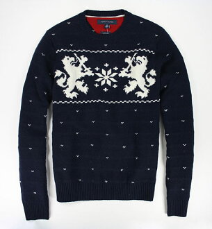 美國百分百【全新真品】Tommy Hilfiger TH 男 圓領 針織衫 羊毛衣 上衣 深藍色 M號 超取免運