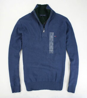 美國百分百【全新真品】Tommy Hilfiger 男 上衣 Holiday款 雙領 半拉 針織衫 針織衣 藍色 S M
