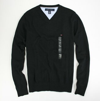 美國百分百【全新真品】Tommy Hilfiger 上班族 必備 V領 針織衫 毛衣 外衣 純棉 黑色 上衣