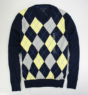 美國百分百【全新真品】Tommy Hilfiger TH 學院風 深藍 黃 菱格 V領 針織衫 毛衣 XS號 免運
