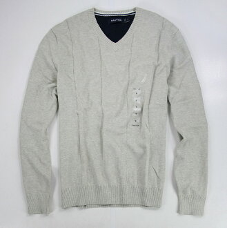 美國百分百【全新真品】NAUTICA 帆船 米 灰 V領 素面 針織衫 棉質 長袖 上衣 外衣 M號