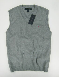 美國百分百【全新真品】Tommy Hilfiger TH 男 V領 素面 針織 背心 外搭 棉質 上衣 灰色 S號 C087