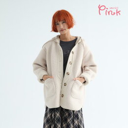 Pink 泰迪絨排扣連帽外套(藍/米)