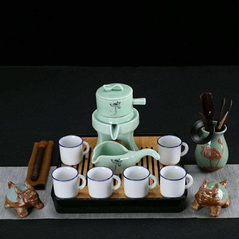 半自動石墨茶具套裝家用功夫茶杯陶瓷紫砂創意石磨懶人泡茶壺茶盤