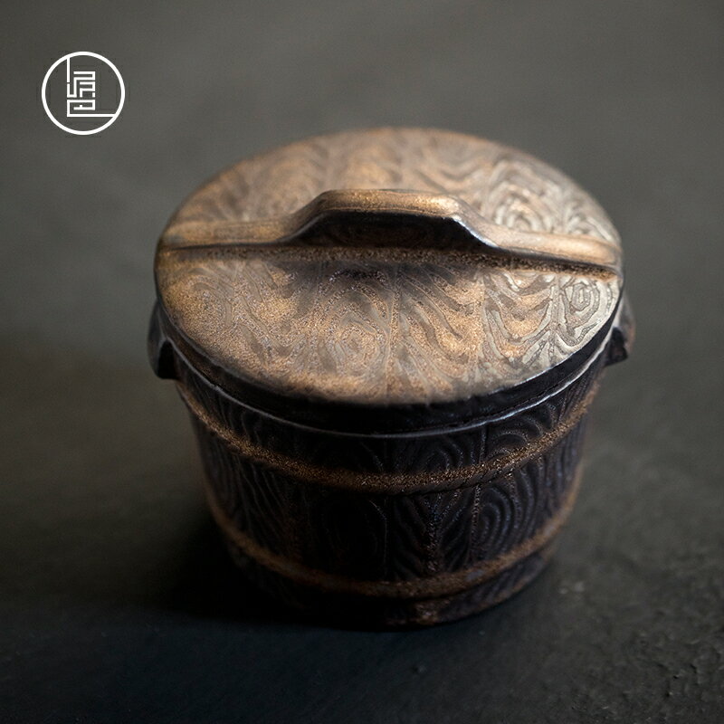 泥巴人創意木桶茶葉罐粗陶鎏金復古防潮罐 陶窯變密封罐醒茶盒