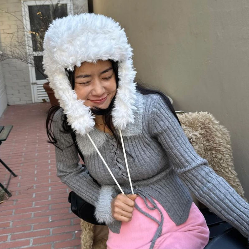 ANNAS 正韓羊羔絨拉繩雷鋒帽 韓國毛毛雷鋒帽 飛行帽 毛毛遮耳帽 韓國網紅 白色毛絨耳罩帽子 巴拉克拉法帽 保暖小臉 5