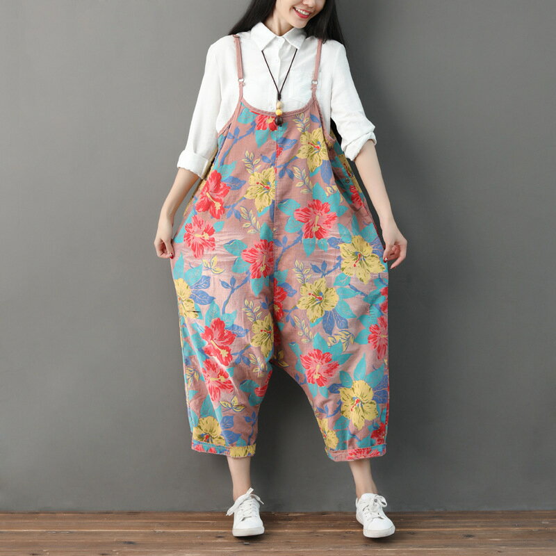【巴黎精品】吊帶褲休閒長褲-復古印花民族風薄款九分女褲子3色a1ir39