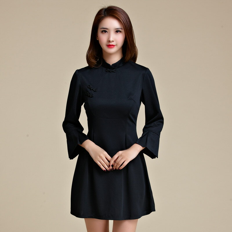 灰姑娘[9956-JK]典雅復古喇叭袖改良旗袍洋裝