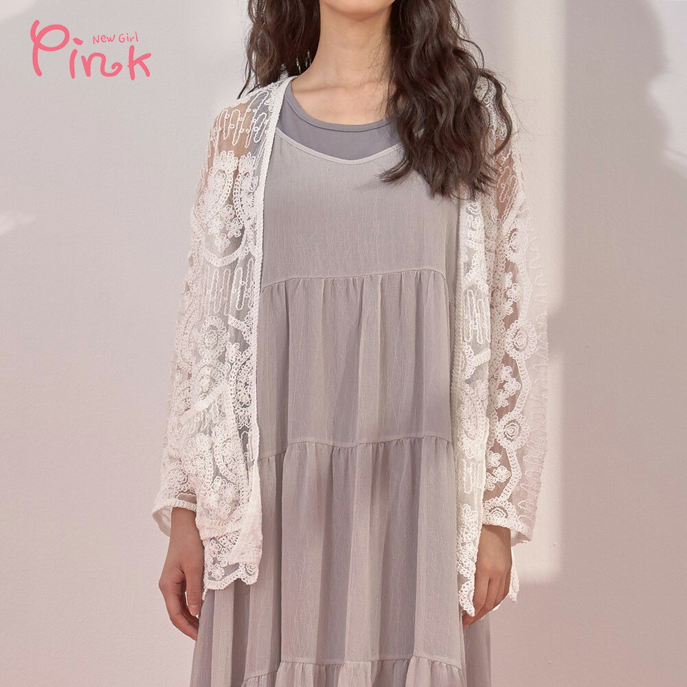 Pink*春日美好緹花開襟外罩衫 Y1403BD