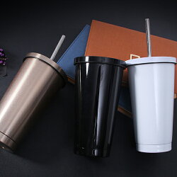 PS Mall 雙層創意不銹鋼吸管杯500ml【J809】