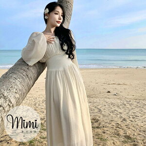 【 Mimistyle】連身洋裝法式氣質收腰顯瘦長袖款 (台灣現貨)