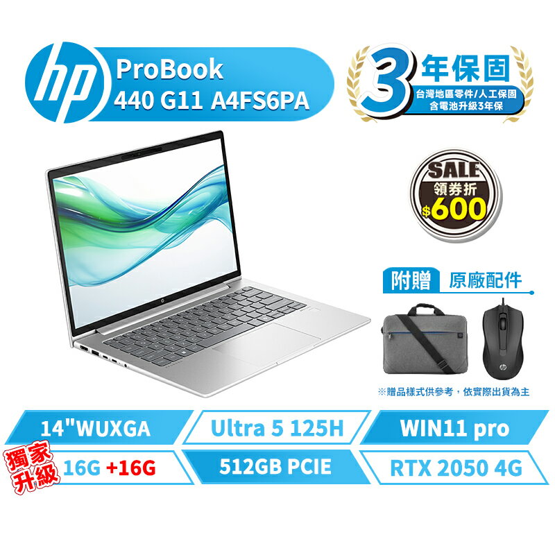 HP 惠普 ProBook 440 G11 14吋 A4FS6PA 商用筆電【贈背包+滑鼠】含稅開發票 獨顯 指紋辨識 Ultra5 512G/16G/W11P *升級32G【現貨免運 領券再折】