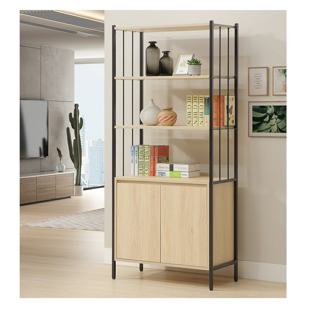 【直人木業】綠建材彩妝板溫馨系列雙開門鐵架書櫃81公分｜#APP結帳再賺4%點數#熱門收藏家具 1