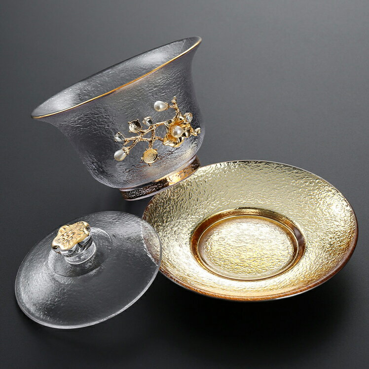 描金玻璃蓋碗加厚耐熱功夫茶杯大號水晶三才杯日式透明敬泡茶茶碗