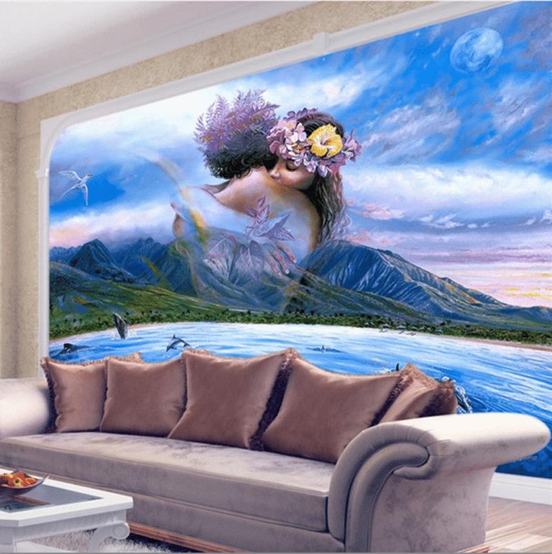 情侶海豚灣壁畫浪漫愛情主題酒店賓館會所公寓客廳臥室背景墻布