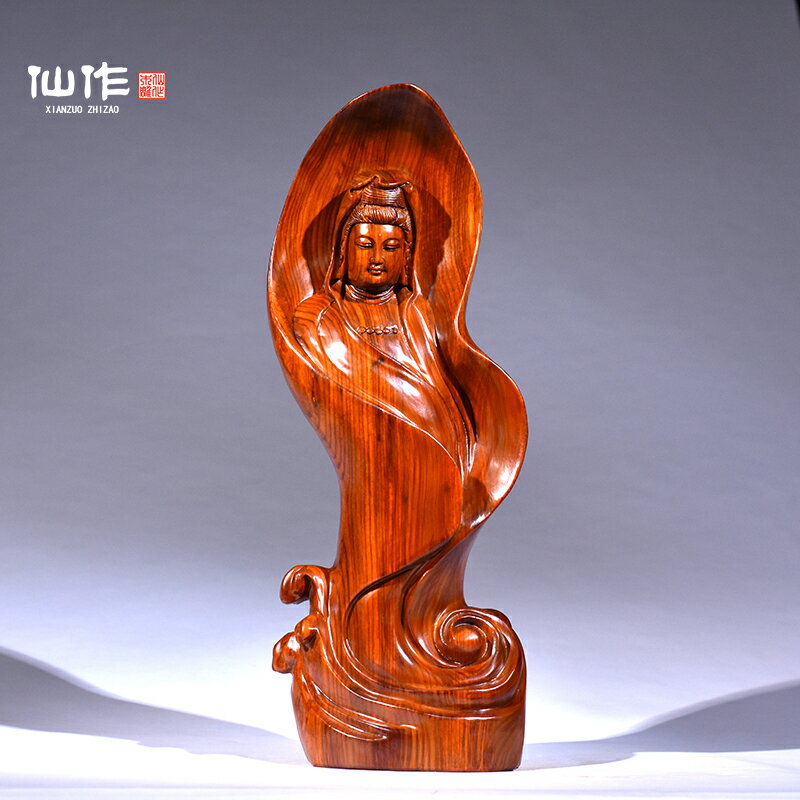 黃花梨木雕觀音菩薩佛像擺件一葉觀音實木客廳供奉擺設紅木工藝品