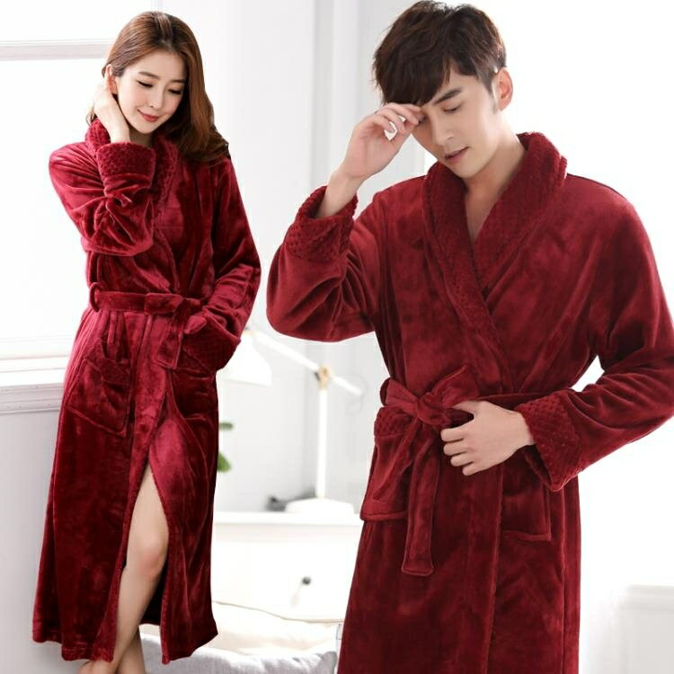 睡袍女男睡衣珊瑚絨紅色結婚冬天加厚加長款情侶浴袍