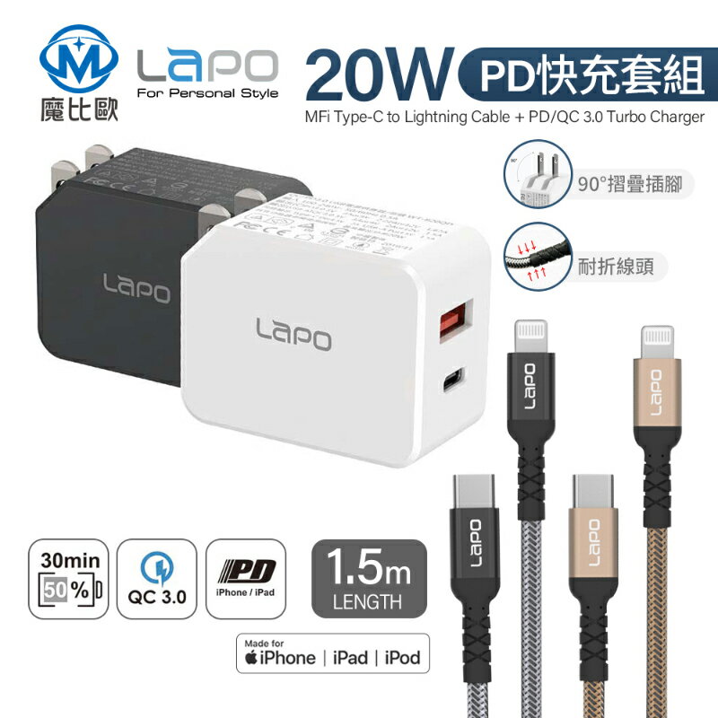 LAPO iphone PD 充電組 MFi認證 USB-C to Lightning 雙孔充電器 20W