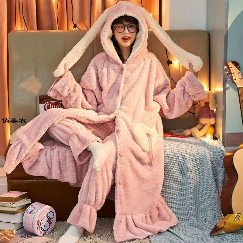 女裝睡衣 睡衣 女秋冬冬季加厚大碼居家服可愛甜美睡衣 珊瑚絨可外穿睡衣 套裝