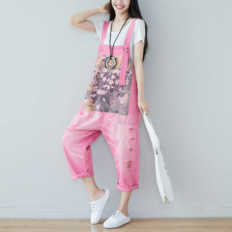 【巴黎精品】牛仔褲吊帶長褲-做舊淡雅印花破洞顯瘦女褲子3色a1ir60