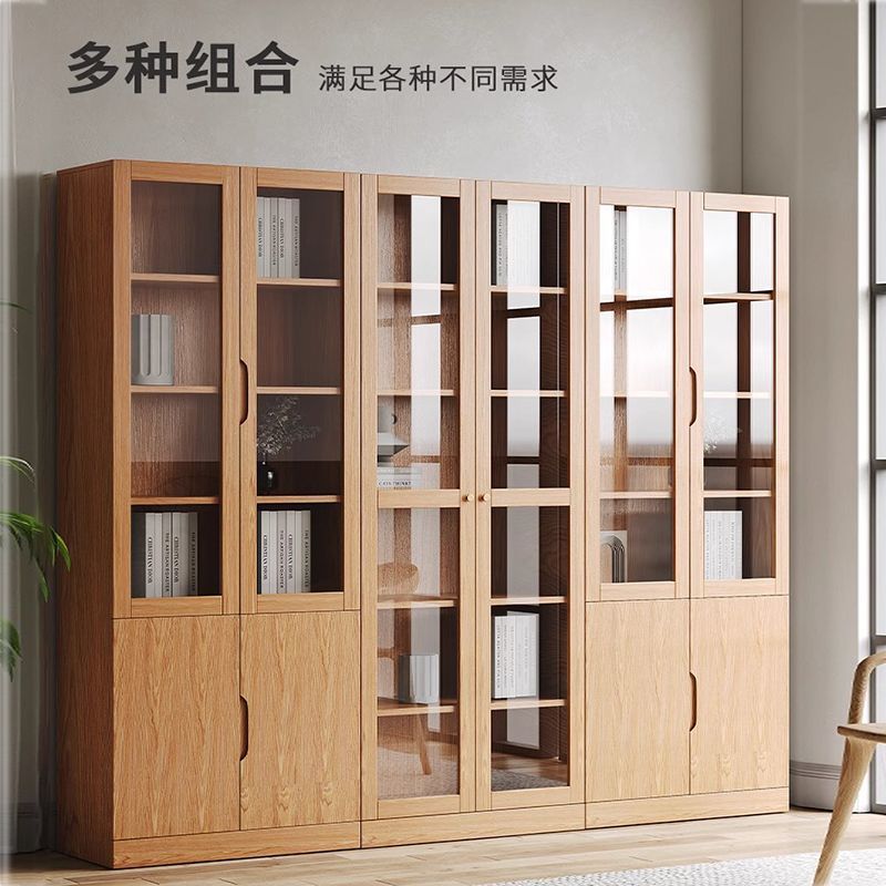 玻璃櫃 開發票 免運 全實木橡木書櫃書架家用帶玻璃門原木風現代北歐落地辦公室檔案櫃LL126公司貨