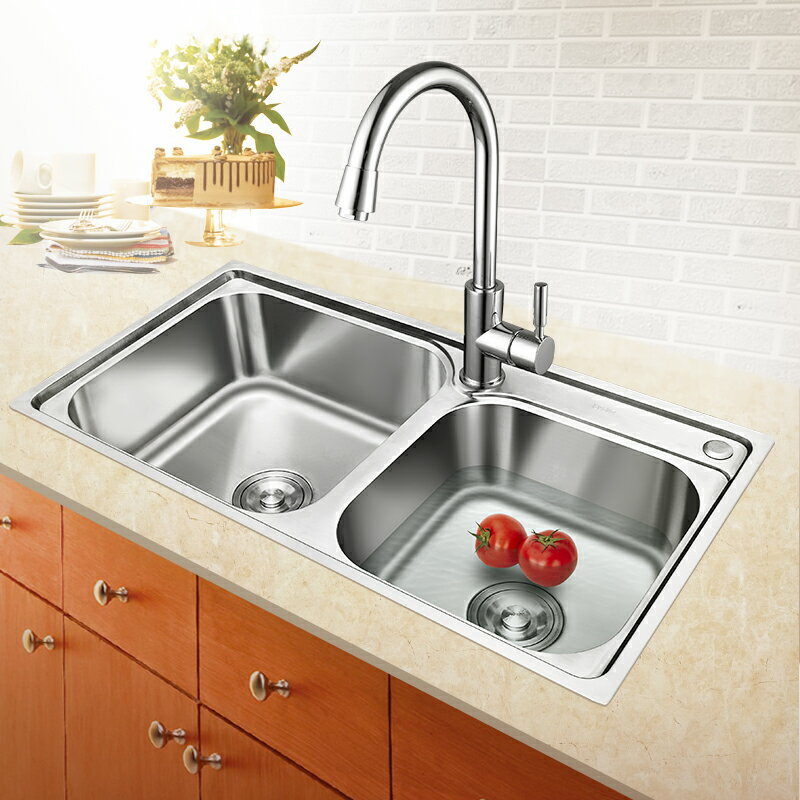 雙槽水槽 廚房水槽 大單槽 廚房304不鏽鋼水槽雙槽套餐 一體成型加厚拉絲 洗菜盆洗碗池『XY40451』