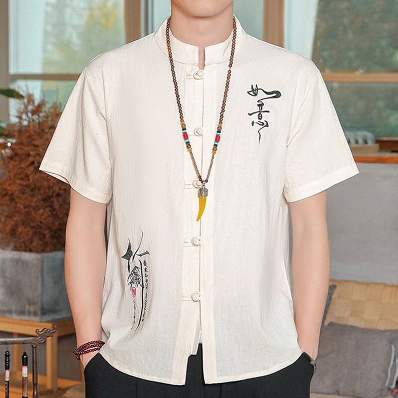 刺繡亞麻短袖T恤男|夏季繡花上衣|大碼半袖上衣|寬鬆唐裝|棉麻古風上衣|棉麻立領T恤|韓係穿搭夏天|寬鬆衣服|大尺碼T恤