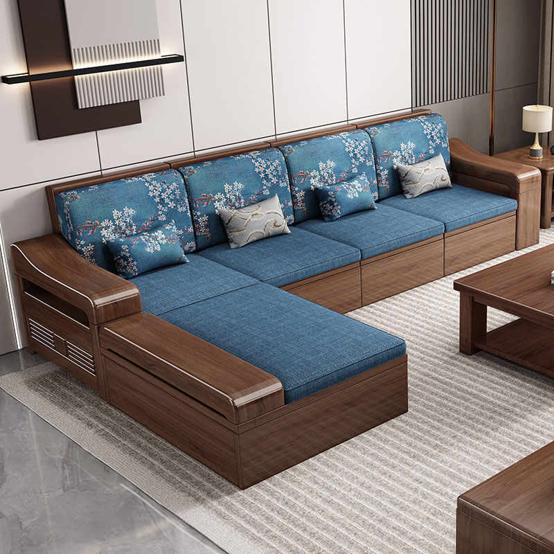 金絲胡桃木現代中式全實木沙發組合小戶型貴妃可儲物冬夏兩用家具