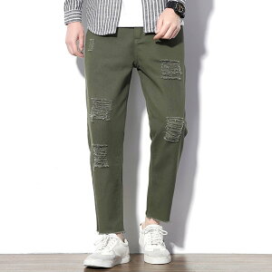 FINDSENSE 品牌2019 日本 春季 新款 原創 大碼 九分褲 寬鬆 純色 破洞 顯瘦 休閒 牛仔褲