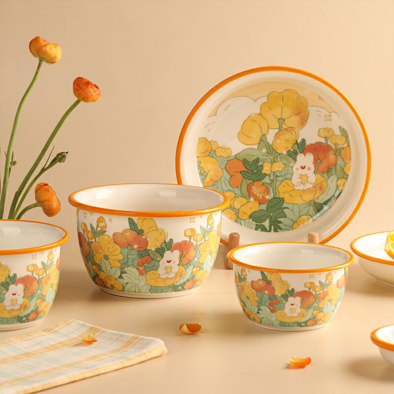 藍蓮花卡通圓盤子可愛陶瓷碗碟少女心餐盤單個日式餐具吃飯碗面碗