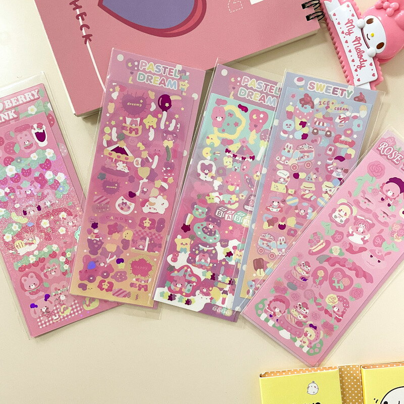 韓國ins鐳射咕卡貼紙粉色小熊diy手賬拍立得追星愛豆小卡裝飾貼畫