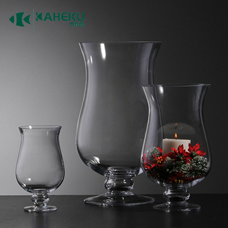 kaheku歐式透明高腳玻璃花瓶 創意家居飾品 蠟燭風燈婚慶路引擺件