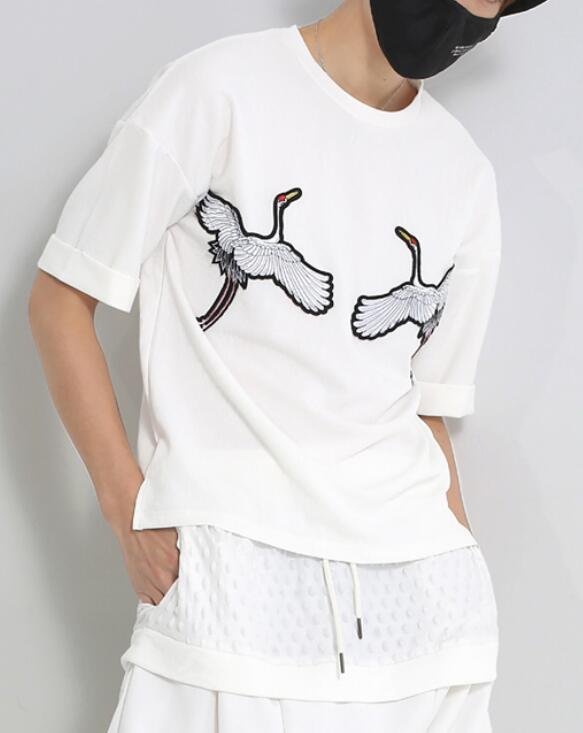 FINDSENSE MD 韓國 男 街頭 時尚 白色 鶴刺繡貼布 寬鬆 潮人款 打底衫 特色短T