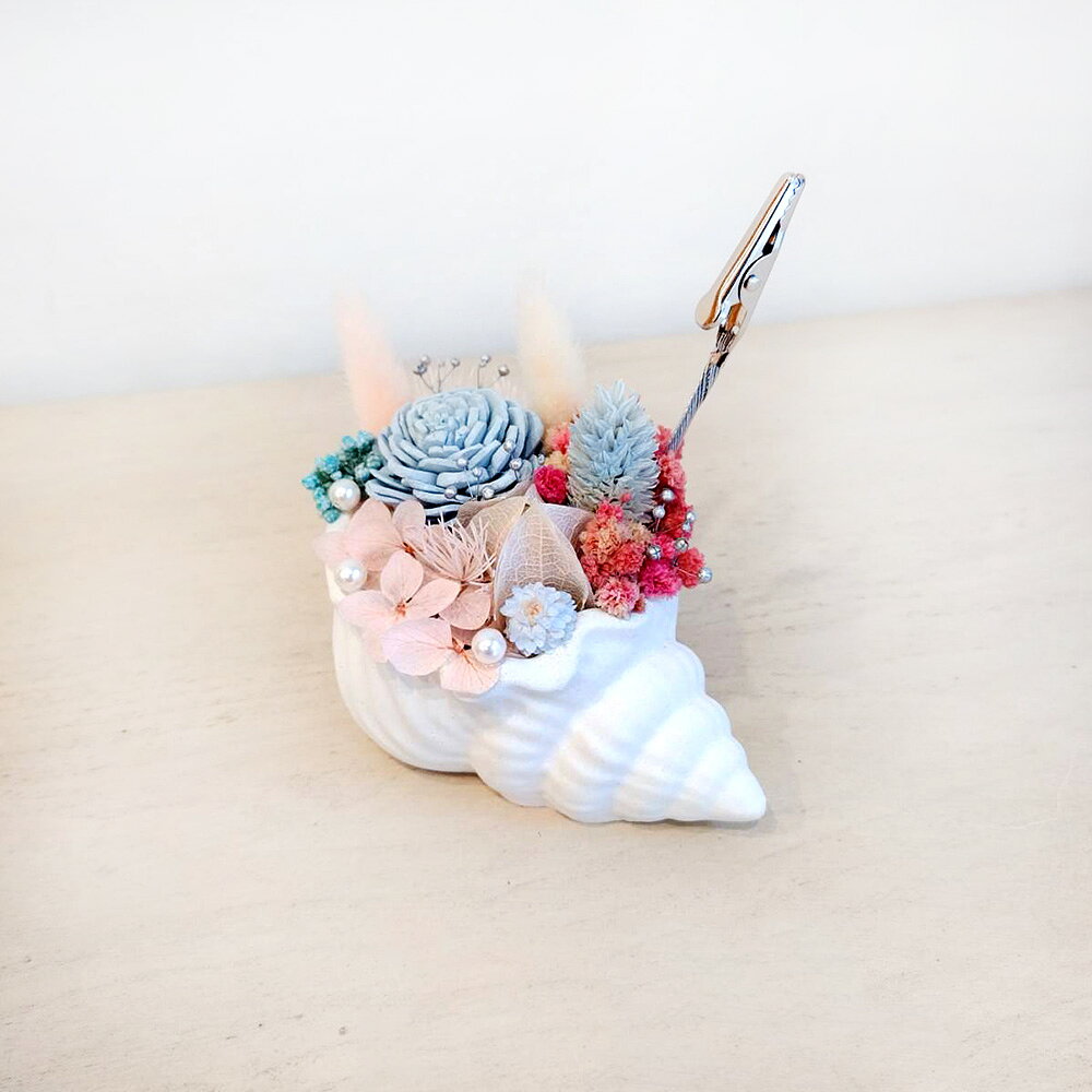 萩蒔花花藝x覓品竹北手作店-乾燥花x永生花創作花盆/海螺造型花器-藍色-附照片夾 1