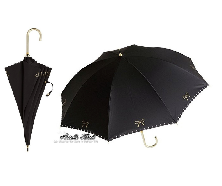 日本BECAUSE晴雨兩用直立傘直傘雨傘陽傘素面縷空燙金蝴蝶結裝飾抗UV防紫外線達99%黑色絕版品