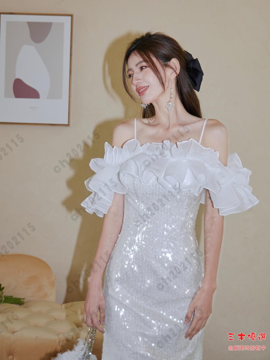 尾牙禮服 洋裝 宴會晚禮服細閃亮片一字肩連衣裙2024魚尾裙立體荷葉邊抹胸小禮服交換禮物 三木優選