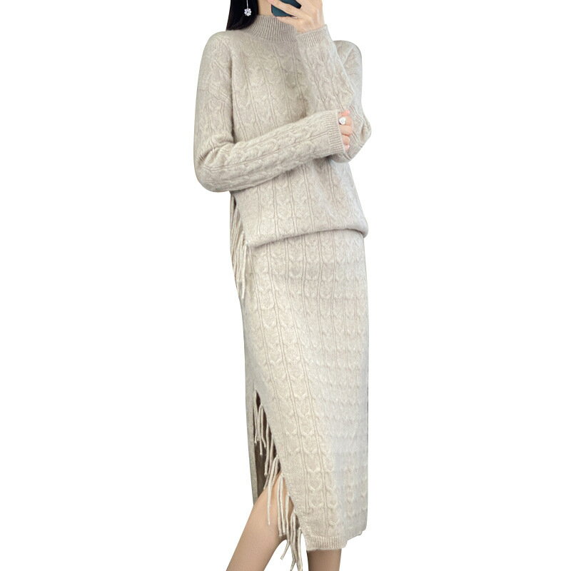 【巴黎精品】現貨+預購 100%羊毛套裝針織休閒服-保暖流蘇開叉高腰半身裙+寬鬆羊毛上衣女裝4色a1id58