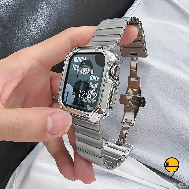 不褪色【錶帶+錶殼】 適用於 Apple Watch 9 錶帶 8 7 6 5 SE 蘋果金屬錶帶 49mm 45mm