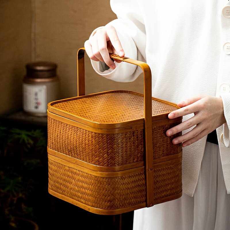 復古竹編食盒多層提籃茶具收納盒手提仿古禮品分食盒帶蓋提盒家用