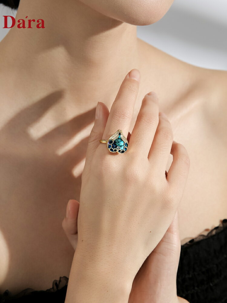 復古合成藍寶石愛心戒指女子小眾設計年新款潮高級感食指指環