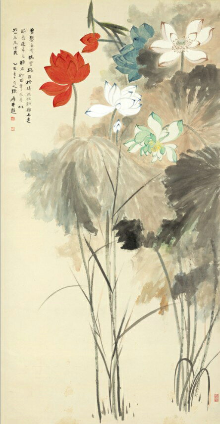 仿古畫名畫復製品張大千五色荷花畫心花鳥畫名人字畫水墨畫名畫