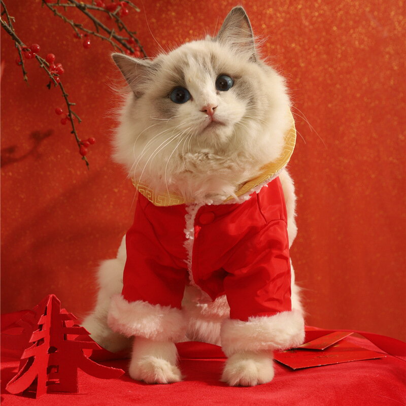 貓咪衣服唐裝舞獅可愛防掉毛保暖新年寵物藍貓過年冬季拜年秋冬裝
